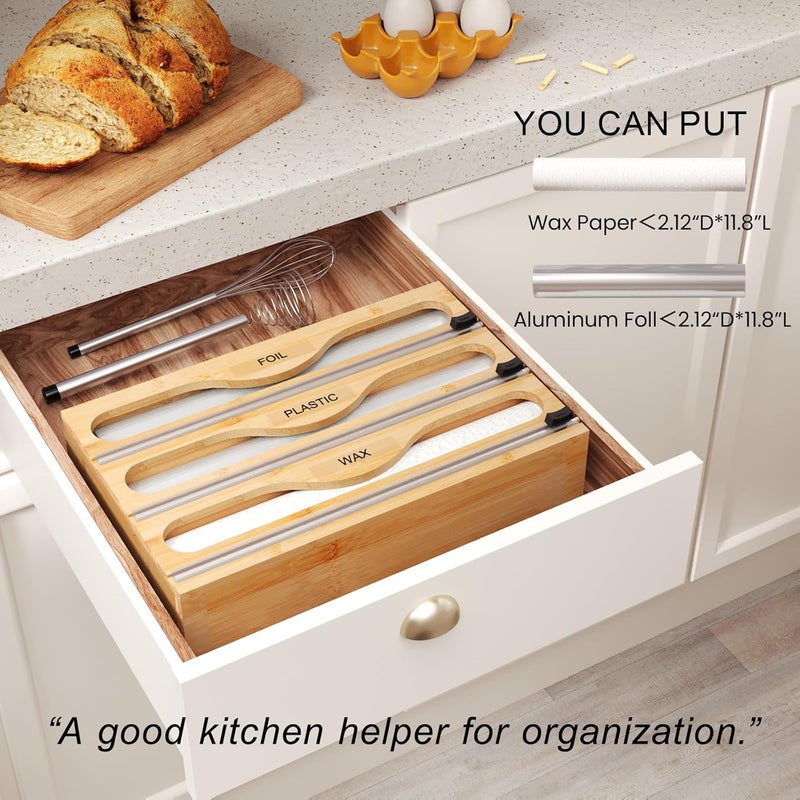 Danfoxer Wrap Dispenser with Cutter and Labels, Plastic Wrap Organizer For Kitchen,Bamboo 3-in-1 Wrap Dispensers for Cling Wrap Aluminum Foil and Wax,Storage Organization Holder（Natural） - Image 4